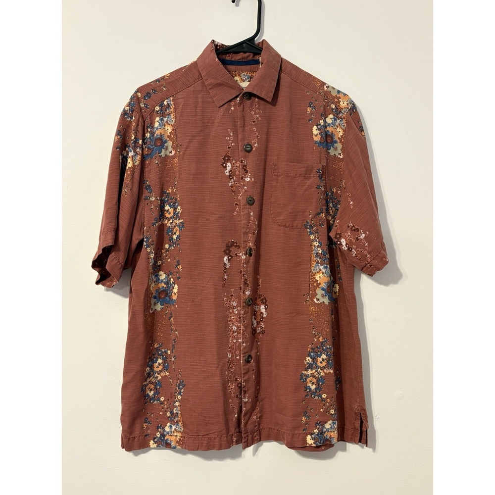Tommy Bahama Original Fit 100% Silk Shirt Mens Small Brown Floral Border Texture